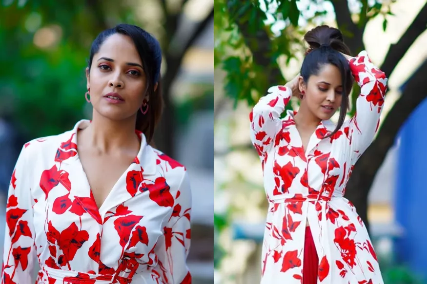 anasuya bharadwaj new look in flower dress